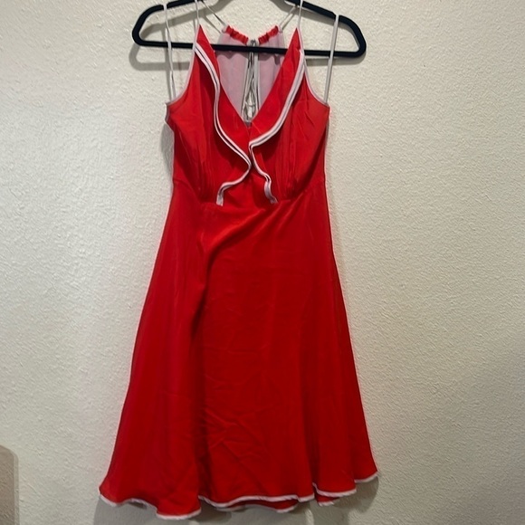 ANTHROPOLOGIE GIRL FROM SAVOY MITSY RUFFLE HALTER 100% SILK DRESS RED 4 NWT - Picture 2 of 9